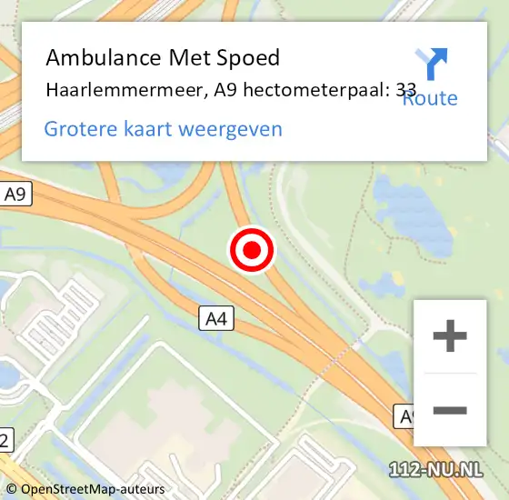 Locatie op kaart van de 112 melding: Ambulance Met Spoed Naar Haarlemmermeer, A9 hectometerpaal: 33 op 4 december 2024 16:42