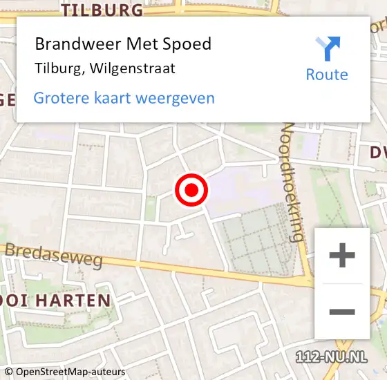 Locatie op kaart van de 112 melding: Brandweer Met Spoed Naar Tilburg, Wilgenstraat op 4 december 2024 18:07