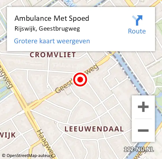 Locatie op kaart van de 112 melding: Ambulance Met Spoed Naar Rijswijk, Geestbrugweg op 4 december 2024 18:08