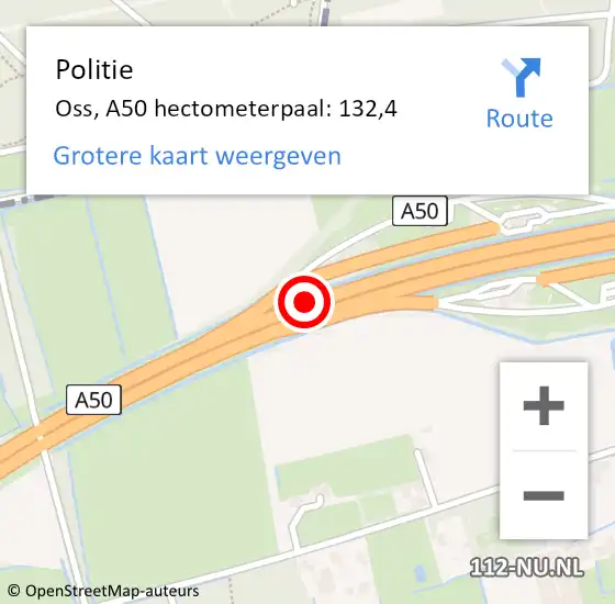 Locatie op kaart van de 112 melding: Politie Oss, A50 hectometerpaal: 132,4 op 4 december 2024 19:00