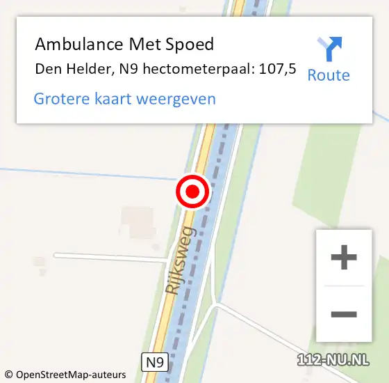 Locatie op kaart van de 112 melding: Ambulance Met Spoed Naar Den Helder, N9 hectometerpaal: 107,5 op 4 december 2024 19:13