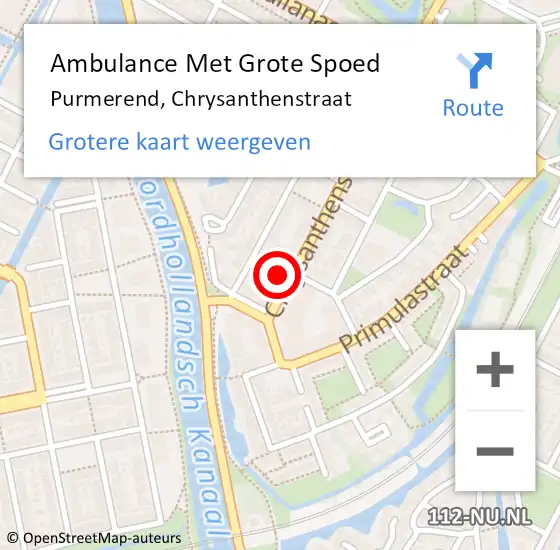 Locatie op kaart van de 112 melding: Ambulance Met Grote Spoed Naar Purmerend, Chrysanthenstraat op 4 december 2024 20:17