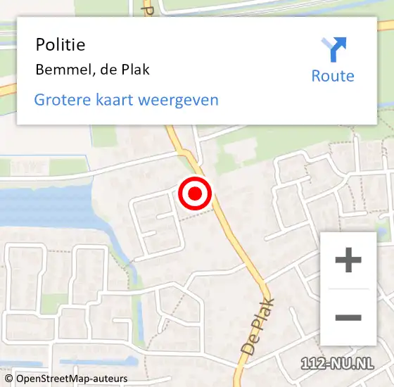 Locatie op kaart van de 112 melding: Politie Bemmel, de Plak op 4 december 2024 21:25