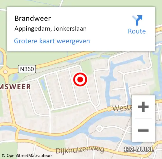 Locatie op kaart van de 112 melding: Brandweer Appingedam, Jonkerslaan op 4 december 2024 22:41