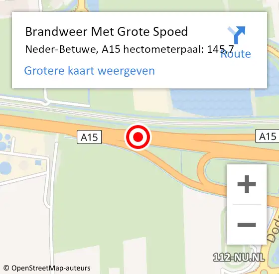 Locatie op kaart van de 112 melding: Brandweer Met Grote Spoed Naar Neder-Betuwe, A15 hectometerpaal: 145,7 op 4 december 2024 22:51