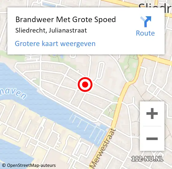 Locatie op kaart van de 112 melding: Brandweer Met Grote Spoed Naar Sliedrecht, Julianastraat op 5 december 2024 12:13