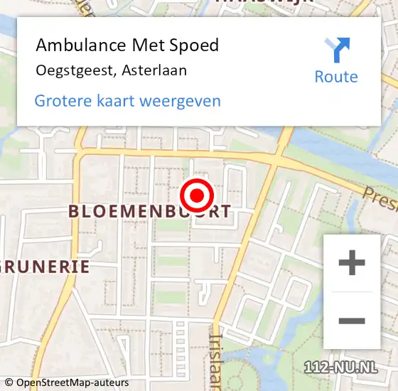 Locatie op kaart van de 112 melding: Ambulance Met Spoed Naar Oegstgeest, Asterlaan op 5 december 2024 13:35