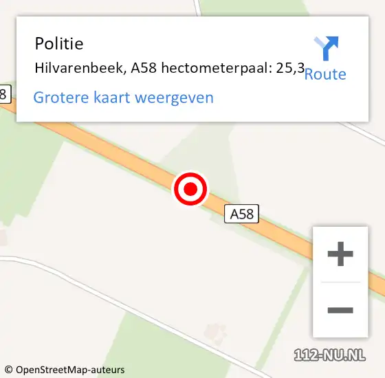 Locatie op kaart van de 112 melding: Politie Hilvarenbeek, A58 hectometerpaal: 25,3 op 5 december 2024 17:56