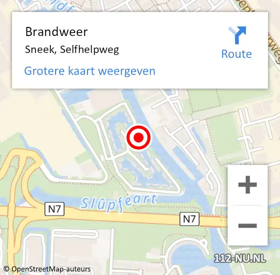 Locatie op kaart van de 112 melding: Brandweer Sneek, Selfhelpweg op 6 december 2024 09:24