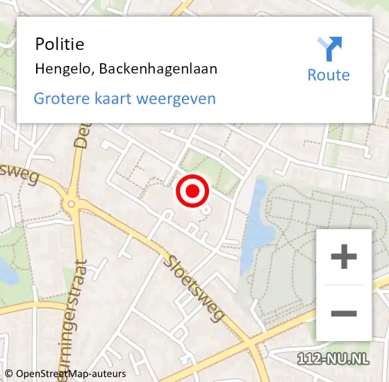 Locatie op kaart van de 112 melding: Politie Hengelo, Backenhagenlaan op 6 december 2024 18:54