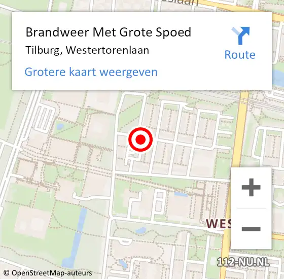 Locatie op kaart van de 112 melding: Brandweer Met Grote Spoed Naar Tilburg, Westertorenlaan op 6 december 2024 19:58