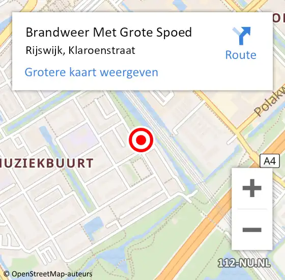 Locatie op kaart van de 112 melding: Brandweer Met Grote Spoed Naar Rijswijk, Klaroenstraat op 7 december 2024 14:07