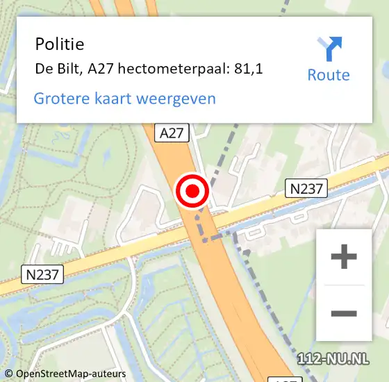 Locatie op kaart van de 112 melding: Politie De Bilt, A27 hectometerpaal: 81,1 op 7 december 2024 21:19