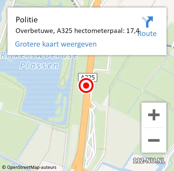 Locatie op kaart van de 112 melding: Politie Overbetuwe, A325 hectometerpaal: 17,4 op 8 december 2024 00:02