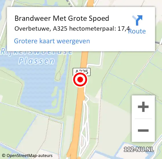 Locatie op kaart van de 112 melding: Brandweer Met Grote Spoed Naar Overbetuwe, A325 hectometerpaal: 17,4 op 8 december 2024 00:02
