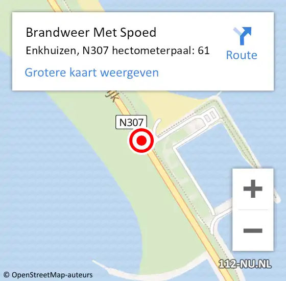 Locatie op kaart van de 112 melding: Brandweer Met Spoed Naar Enkhuizen, N307 hectometerpaal: 61 op 8 december 2024 12:24