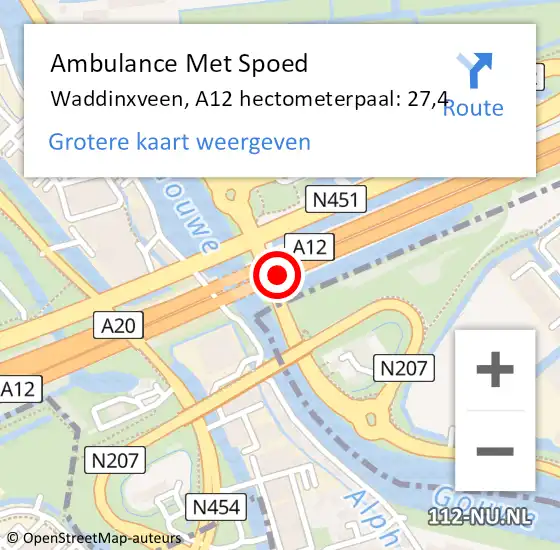 Locatie op kaart van de 112 melding: Ambulance Met Spoed Naar Waddinxveen, A12 hectometerpaal: 27,4 op 9 december 2024 08:16