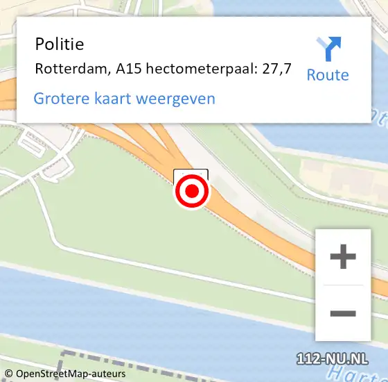 Locatie op kaart van de 112 melding: Politie Rotterdam, A15 hectometerpaal: 27,7 op 9 december 2024 17:19
