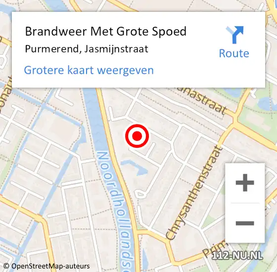 Locatie op kaart van de 112 melding: Brandweer Met Grote Spoed Naar Purmerend, Jasmijnstraat op 9 december 2024 18:24