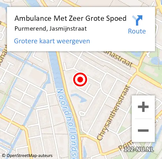 Locatie op kaart van de 112 melding: Ambulance Met Zeer Grote Spoed Naar Purmerend, Jasmijnstraat op 9 december 2024 18:24