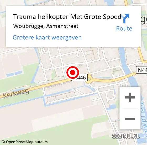 Locatie op kaart van de 112 melding: Trauma helikopter Met Grote Spoed Naar Woubrugge, Asmanstraat op 9 december 2024 19:51