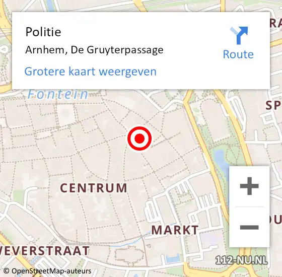 Locatie op kaart van de 112 melding: Politie Arnhem, De Gruyterpassage op 10 december 2024 03:43