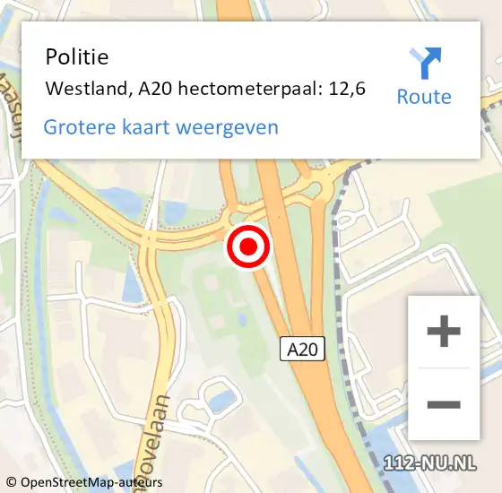 Locatie op kaart van de 112 melding: Politie Westland, A20 hectometerpaal: 12,6 op 10 december 2024 04:52