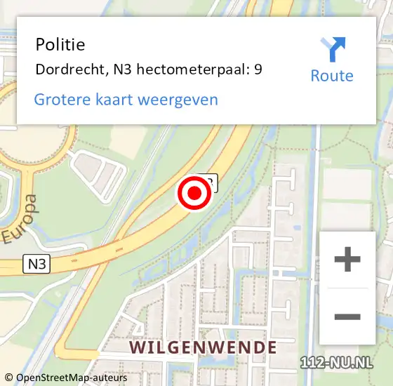 Locatie op kaart van de 112 melding: Politie Dordrecht, N3 hectometerpaal: 9 op 10 december 2024 07:15