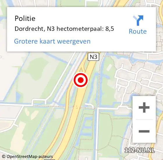 Locatie op kaart van de 112 melding: Politie Dordrecht, N3 hectometerpaal: 8,5 op 10 december 2024 07:16