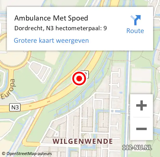 Locatie op kaart van de 112 melding: Ambulance Met Spoed Naar Dordrecht, N3 hectometerpaal: 9 op 10 december 2024 07:16