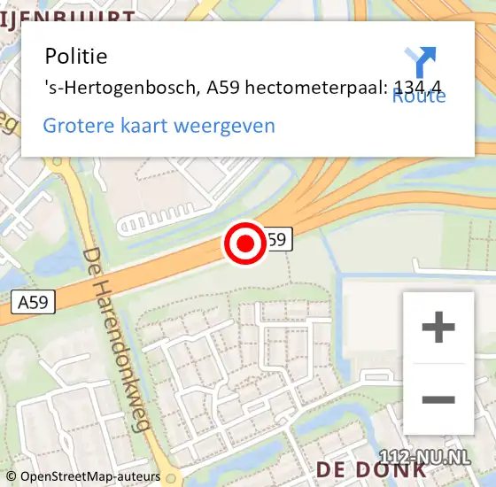 Locatie op kaart van de 112 melding: Politie 's-Hertogenbosch, A59 hectometerpaal: 134,4 op 10 december 2024 07:19