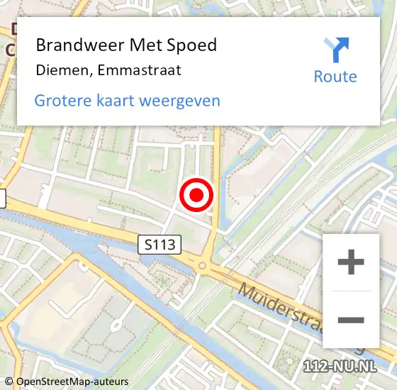 Locatie op kaart van de 112 melding: Brandweer Met Spoed Naar Diemen, Emmastraat op 10 december 2024 15:11