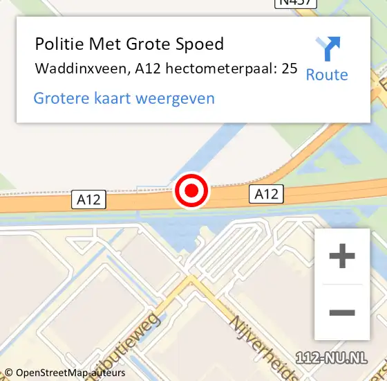 Locatie op kaart van de 112 melding: Politie Met Grote Spoed Naar Waddinxveen, A12 hectometerpaal: 25 op 10 december 2024 15:48