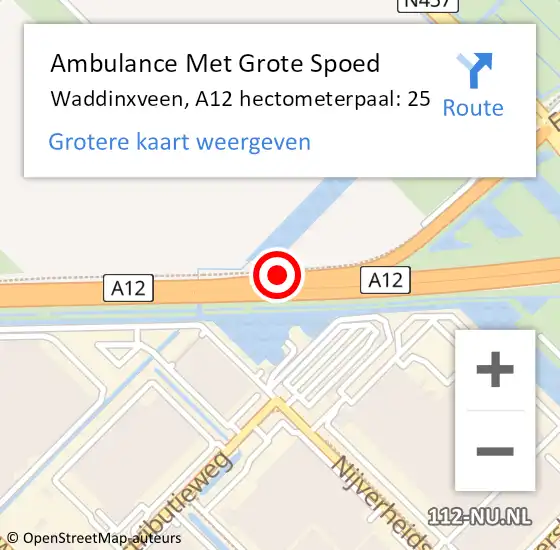 Locatie op kaart van de 112 melding: Ambulance Met Grote Spoed Naar Waddinxveen, A12 hectometerpaal: 25 op 10 december 2024 15:48