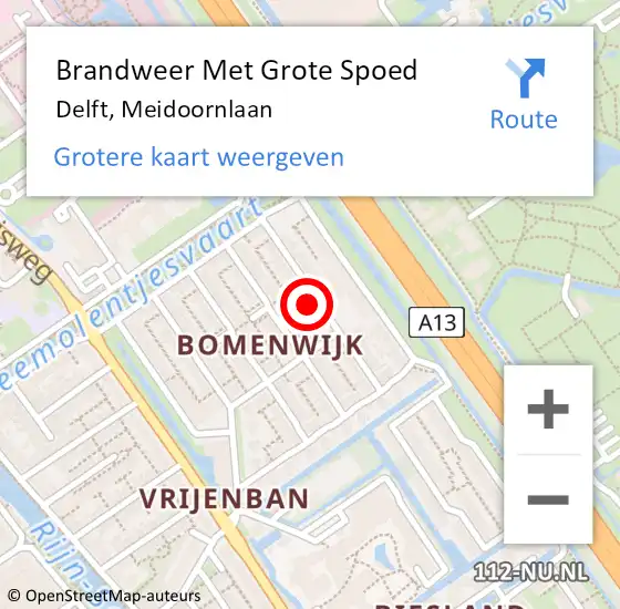 Locatie op kaart van de 112 melding: Brandweer Met Grote Spoed Naar Delft, Meidoornlaan op 10 december 2024 19:06