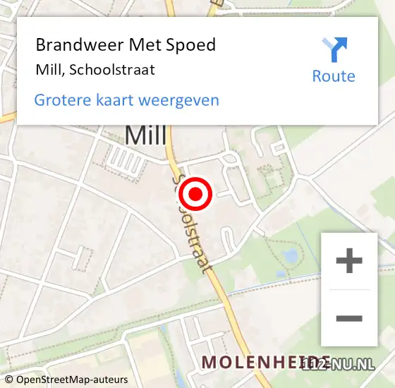 Locatie op kaart van de 112 melding: Brandweer Met Spoed Naar Mill, Schoolstraat op 10 december 2024 21:16