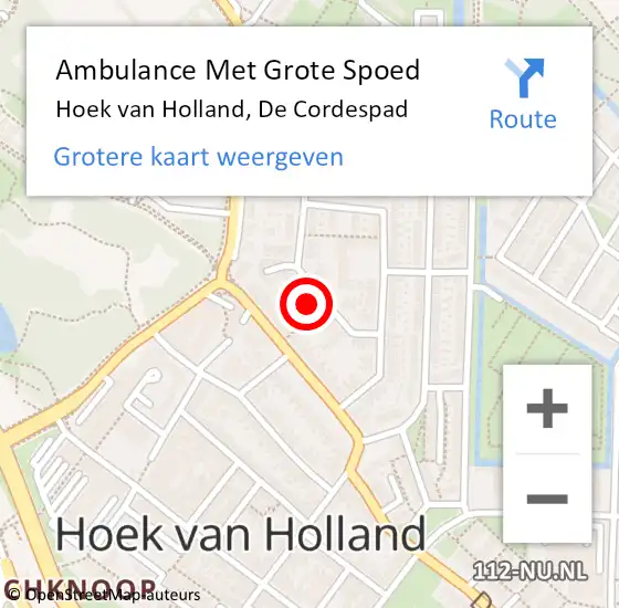 Locatie op kaart van de 112 melding: Ambulance Met Grote Spoed Naar Hoek van Holland, De Cordespad op 10 december 2024 22:05