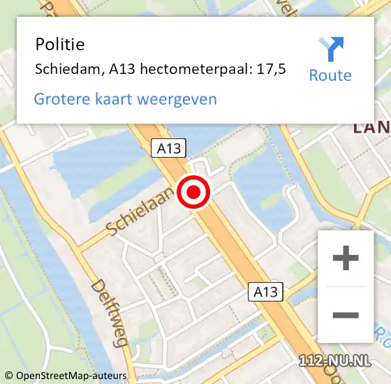 Locatie op kaart van de 112 melding: Politie Schiedam, A13 hectometerpaal: 17,5 op 11 december 2024 07:49