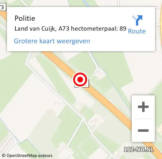 Locatie op kaart van de 112 melding: Politie Land van Cuijk, A73 hectometerpaal: 89 op 11 december 2024 08:00