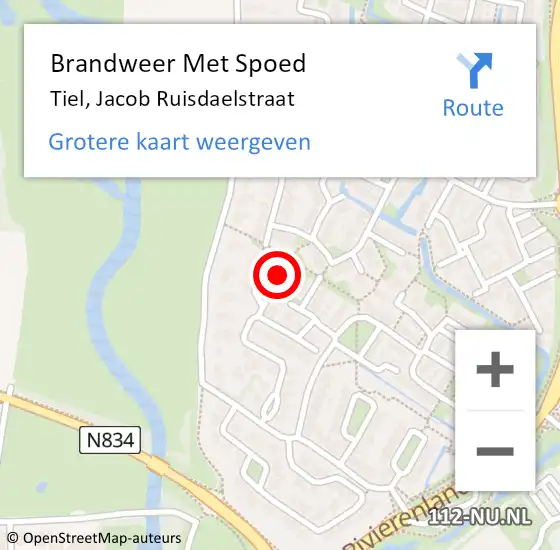 Locatie op kaart van de 112 melding: Brandweer Met Spoed Naar Tiel, Jacob Ruisdaelstraat op 11 december 2024 09:36