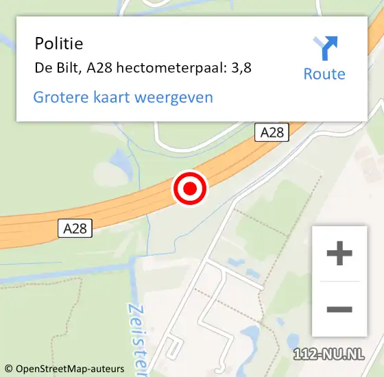 Locatie op kaart van de 112 melding: Politie De Bilt, A28 hectometerpaal: 3,8 op 11 december 2024 09:59