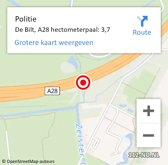 Locatie op kaart van de 112 melding: Politie De Bilt, A28 hectometerpaal: 3,7 op 11 december 2024 09:59