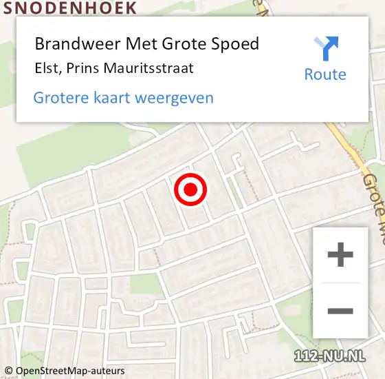 Locatie op kaart van de 112 melding: Brandweer Met Grote Spoed Naar Elst, Prins Mauritsstraat op 11 december 2024 10:40