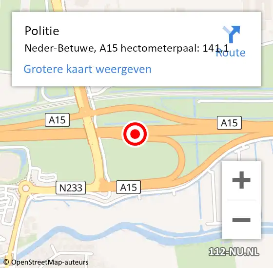 Locatie op kaart van de 112 melding: Politie Neder-Betuwe, A15 hectometerpaal: 141,1 op 11 december 2024 11:02