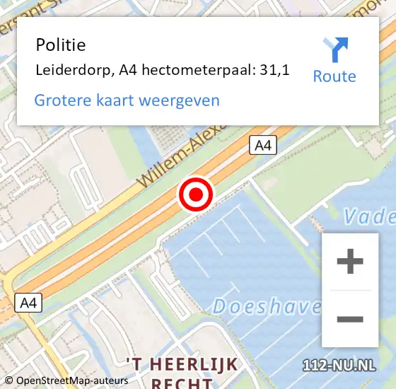 Locatie op kaart van de 112 melding: Politie Leiderdorp, A4 hectometerpaal: 31,1 op 11 december 2024 13:47