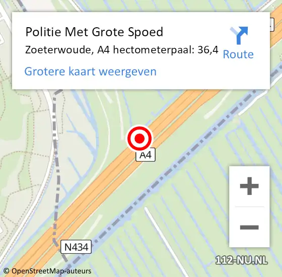 Locatie op kaart van de 112 melding: Politie Met Grote Spoed Naar Zoeterwoude, A4 hectometerpaal: 36,4 op 11 december 2024 16:13