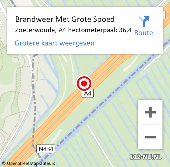 Locatie op kaart van de 112 melding: Brandweer Met Grote Spoed Naar Zoeterwoude, A4 hectometerpaal: 36,4 op 11 december 2024 16:30