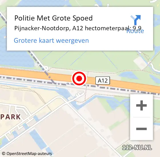 Locatie op kaart van de 112 melding: Politie Met Grote Spoed Naar Pijnacker-Nootdorp, A12 hectometerpaal: 9,9 op 11 december 2024 17:02