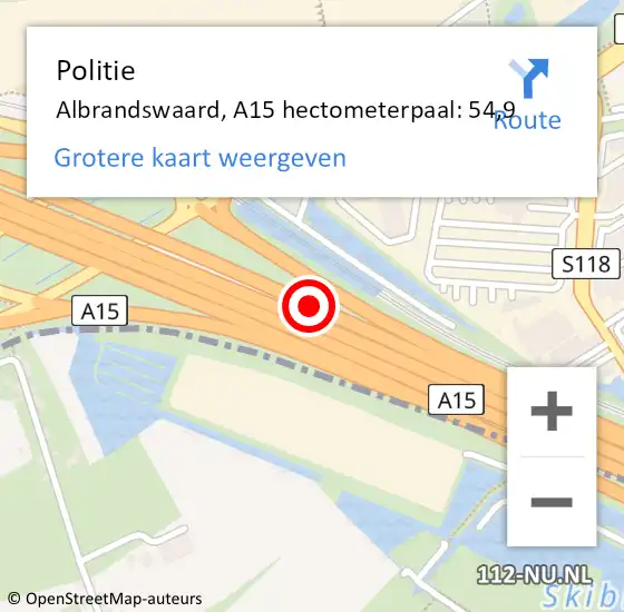 Locatie op kaart van de 112 melding: Politie Albrandswaard, A15 hectometerpaal: 54,9 op 11 december 2024 17:42