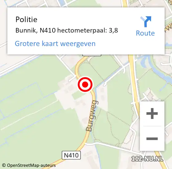 Locatie op kaart van de 112 melding: Politie Bunnik, N410 hectometerpaal: 3,8 op 11 december 2024 18:31